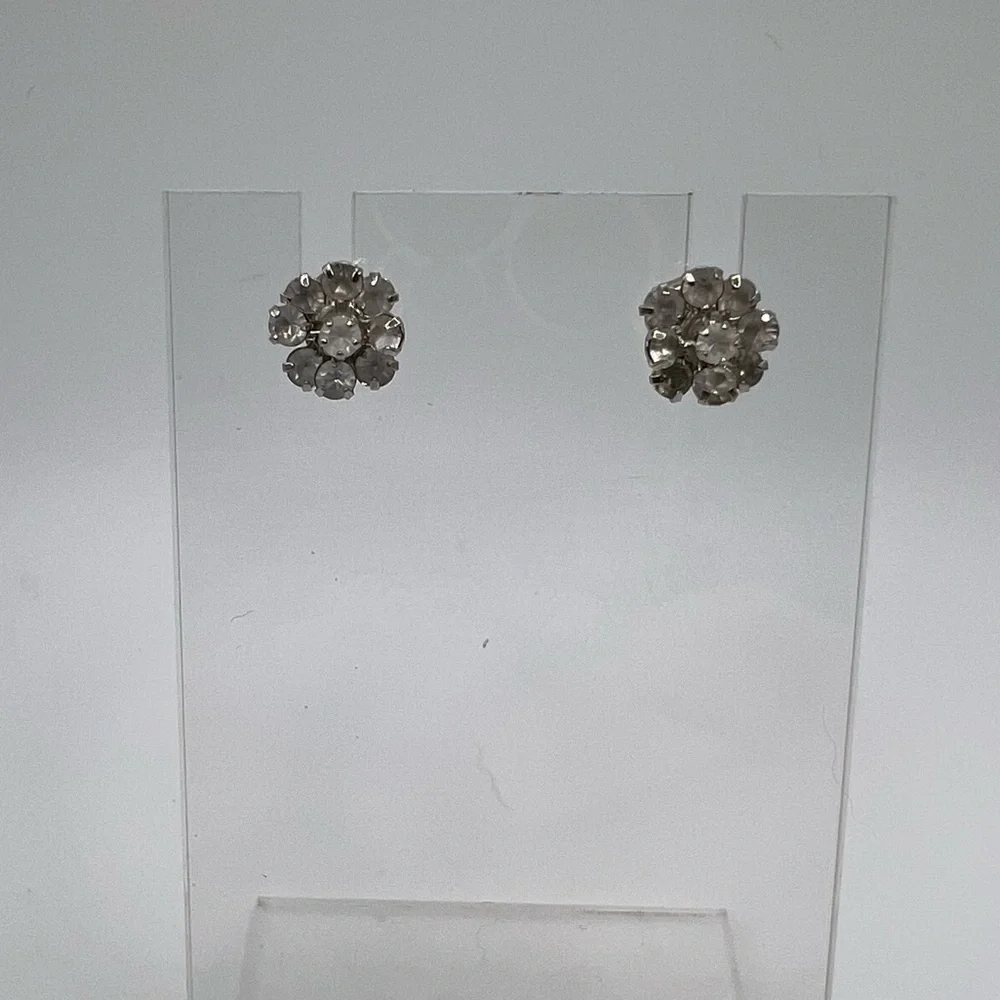 Vintage Avon Flower Earrings - Silver Toned with Crystals